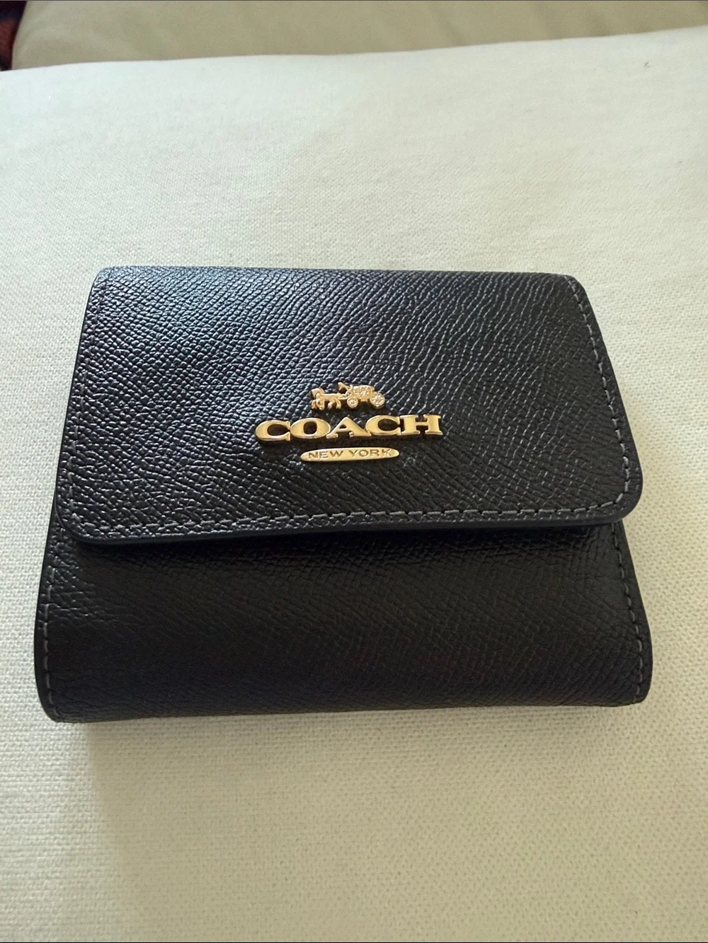 Coach- Black Leather Trifold Card Case with Gold Hardware